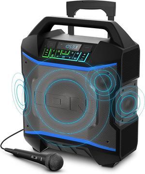 Portable Bluetooth Outdoor Party Speaker with Karaoke Microphone, Battery, 4 Speakers, Radio, USB Port, App, Water-Resistant, 120W
