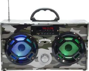 Mini Boombox with LED Speakers  Retro Bluetooth Speaker w/Enhanced FM Radio - Perfect for Home and Outdoor (Green Camo)
