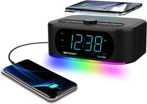 Emerson Smartset 7-Color Bluetooth Speaker - 10W Stereo Sound, 15W Wireless Charging, and LED Lights Changing to Music,Black