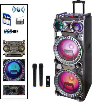 Befree Sound Dual 10 Inch Subwoofer Bluetooth Portable Party Speaker with Sound Reactive Party Lights, USB/SD Input, Rechargeable Battery, Remote Control and 2 Wireless Microphones