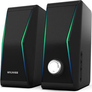 Computer Speakers, Bluetooth 5.0 Hi-Fi Stereo PC Speakers, 4 Dynamic Lighting Modes, AC Adapter Powered and 3.5mm AUX-in Computer Speakers for Desktop PC, Monitor, Laptop, Tablet, Phone