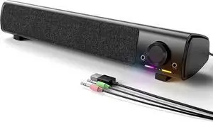 Computer Speakers, USB Powered 3.5mm AUX PC Sound Bar for Desktop Monitor, Gaming Speakers with Headphones & Microphone Link, Superb Stereo Sound, Plug-n-Play (Black)
