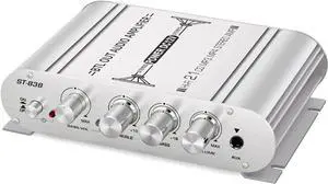 Facmogu ST-838 2.1CH Audio Power Amplifier, RMS 20Wx2+40W Class D Stereo Digital Audio Amp with Subwoofer Output, 80W Mini Subwoofer Amplifier Audio Stereo Bass Amp with DC12V Power Adapter - Silver Facmogu ST-838 2.1CH Audio Power Amplifier, RMS 20Wx2+40W Class D Stereo Digital Audio Amp with Subwoofer Output, 80W Mini Subwoofer Amplifier Audio Stereo Bass Amp with DC12V Power Adapter - Silver