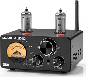 Douk Audio ST-01 200W Bluetooth Amplifier, 2 Channel Vacuum Tube Power Amp with USB DAC/Coaxial Optical Inputs/VU Meter/Treble Bass Control for Home Theater/Stereo Speakers (Upgrade Version)
