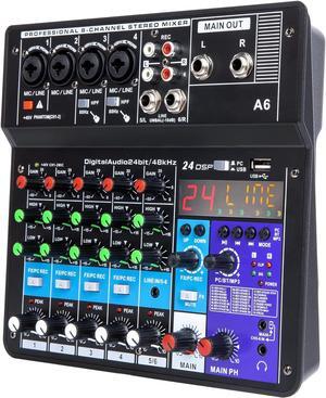 6 Channel Audio Mixer - Portable Digital Line Mixer Console Build-in 24 DSP Effects BT Function 48V Phantom Power for Karaoke Streaming by YOUSHARES