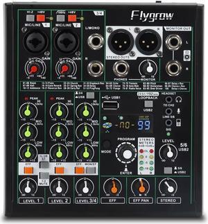 Flygrow 6 Channel Audio Mixer DJ Mixer Sound Board, RGB Breathing Light, 99 DSP Effects, USB Audio Interface, 48V Phantom Bluetooth, High Resolution with 24bit/192kHz for Live Streaming