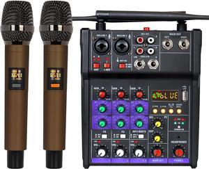 Audio Mixer 4 Channel DJ Mixer with Dual Wireless Microphone Sound Board Console MP3 Bluetooth 48V Phantom Power USB Interface for Home Karaoke Studio Recording