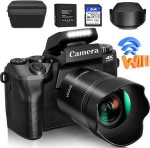 Saneen Digital Camera, 4k Cameras for Photography & Video, 64MP WiFi Touch Screen Vlogging Camera for YouTube with Flash, 32GB SD Card, Lens Hood, 3000mAH Battery, Front and Rear Cameras - Black