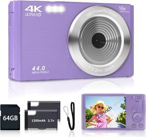 Digital Camera for Teens, FHD 4K 44MP Digital Camera Purple with 64GB SD Card 16X Digital Zoom, Cameras for Photography Compact Point and Shoot Camera for Teen Boys Girls Kids Camera Digital