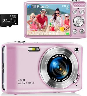 Digital Camera, FHD 4K Point and Shoot Camera with 2.88' IPS Screen, 48MP Video, 16X Zoom, Macro Mode, Flash - Compact Beginner Camera for Teens, Pink