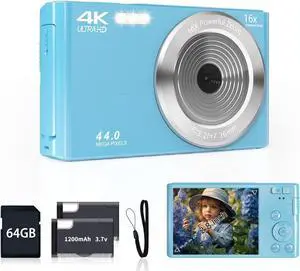 Digital Camera for Teens, FHD 4K 44MP Digital Camera Autofocus with 64GB SD Card 16X Zoom, Cameras for Photography Compact Point and Shoot Camera for Teen Boy Girl Kids Camera Beginner