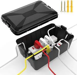 TOTUFY Large Outdoor Electrical Box Waterproof (12.9 x 8.3 x 5.2 inch), IP54 Weatherproof Extension Cord Cover with 7 Cable Seal Entry, Protect Power Strip, Timer Outlet Plug, Holiday Light, Black