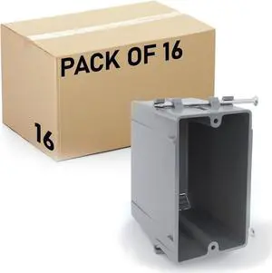 (Pack of 16) Plastic Electrical Box, Grey Outlet Box, Single Gang New Work Junction Box, Captive Nails, 20 cu. Inches, Length 3-5/8'', Width 2-1/8'', Depth 3-1/4''
