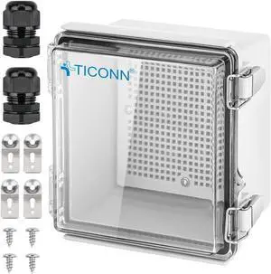 TICONN Waterproof Electrical Junction Box IP67 ABS Plastic Enclosure with Hinged Cover with Mounting Plate, Wall Brackets, Cable Glands (Clear, 5.9"x5.9"x3.5")