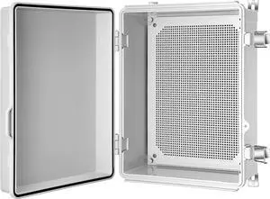 Junction Box, IP67 Waterproof Plastic Enclosure for Electrical Project, Hinged Grey Cover, Includes Mounting Plate and Wall Bracket 410×310×180mm (16.1"x12.2"x7.1")