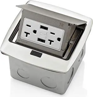 Leviton PFUS2-BN Pop-Up Floor Box with Dual Type A, 3.6 Amp USB Charger, 20Amp Outlet, Brushed Nickel