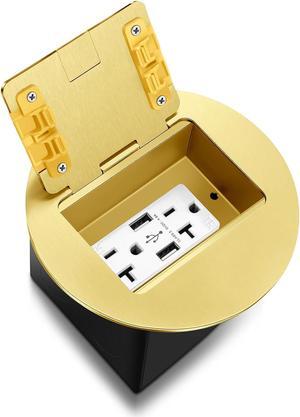 Kanayu Gold Recessed Floor Outlet 3.98"x3.66"x3.15" 1-Gang with 4.8a USB Chargers 20 Amp Floor Receptacles Round Outlet Kit Electrical Waterproof Box, Etl Listed