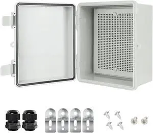 Junction Box IP65 Waterproof Electrical Box Outdoor ABS Plastic Project Box Hinged Shell Universal Enclosure Box with Mounting Plate, Wall Brackets, Cable Glands 8.7"x 6.7" x 4.3"