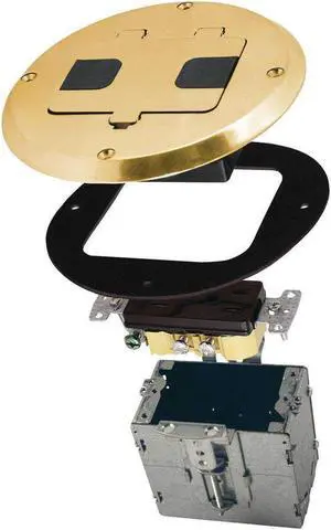 RACO 6239BP Floor Kit with Recessed Duplex 15A TR Device and Adjustable Steel Box, 1-Gang, Brass