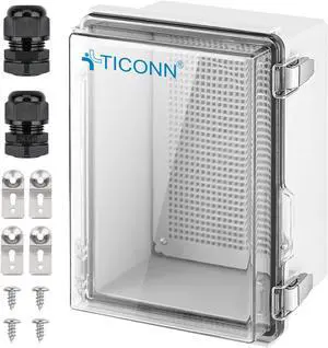 TICONN Outdoor Electrical Box Waterproof, Junction Box IP67 ABS Plastic Enclosure with Hinged Cover with Mounting Plate, Wall Brackets, Cable Glands (Clear, 11"x7.5"x5.5") TICONN Outdoor Electrical Box Waterproof, Junction Box IP67 ABS Plastic Enclosure with Hinged Cover with Mounting Plate, Wall Brackets, Cable Glands (Clear, 11"x7.5"x5.5")