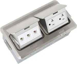 ENERLITES 662301-S-D Floor Box Electrical Kit 2 Gang 20A Tamper / Weather Resistant Duplex Receptacle, Datacom Ports - Nickel Plated Brass, Steel