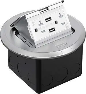 WEBANG Round Pop Up Floor Outlet Box with 20 Amp USB Tamper-Resistant TR Receptacle Outlet, Corrosive Resistant Hardware, ETL Listed, Silver