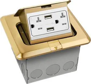 ENERLITES Pop-Up Square Floor Box Kit, 5.46 x 4.75, 2.1A USB Charging, 20A Tamper-Resistant Receptacle, Watertight Gasket and Corrosive Resistant Hardware, 961243-C-USB, Brass Cover