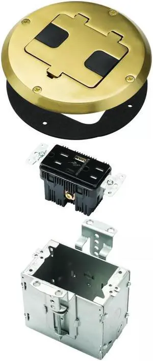 RACO Floor Box Kit 6239ACBP Brass 15A/125V Duplex Receptacle Outlet with USB Ports, Single Gang Electrical Box for Wood Sub-Floor with 3.1A/5V Type A and C USB Outlet Receptacles for Home Improvement