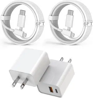 Fast iPhone Charger, 2Pack 20W Dual Port QC+ USB C Charger Block Plug Adapter Dual Charger iPhone Fast Charging Brick 6 FT USB C to Lightning Cable iPhone Cord for iPhone 14/13/12/11/Pro Max/Mini/XR/X