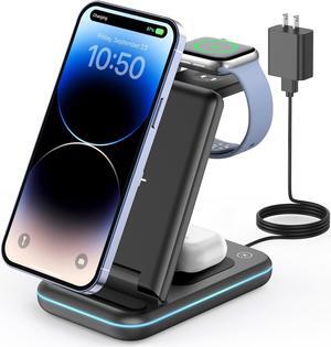 GEEKERA 3 in 1 Wireless Charging Station, Foldable Wireless Charger Stand for Multiple Apple Devices for iPhone 16 15 14 13 12 11 Pro Max Plus X, Apple Watch Ultra/10/9/SE/8/7/6/5, AirPods Pro/4/3/2