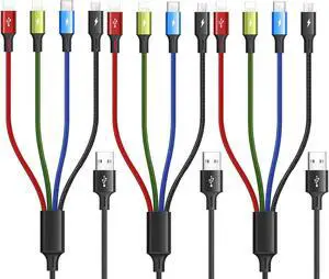 Multi Charging Cable, 3Pack 4FT Multiple Fast Charging Cord 4 in 1 Multi Charger Cable USBC Cable with IP/Type C/Micro USB Port Adapter for Cell Phones/iPhone Series/Samsung Galaxy/PS/Tablets & More