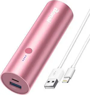 BONAI Portable Charge Power Bank 5000mAh Cylindrical Ultra-Compact External Backup Battery Compatible with iPhone 14 13 12 11 Android Phone and More - Rose Gold (with an 8-pin Charging Cable)