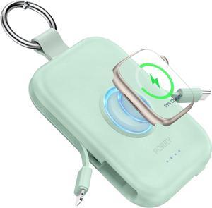 RORRY Portable Charger, 5000mAh Portable Charger Power Bank with Built-in Cables, Travel Keychain Battery Pack for Apple Watch Ultra 2/9/8/Ultra/7/6/SE/5, iPhone 16/15/14/13/12, Green