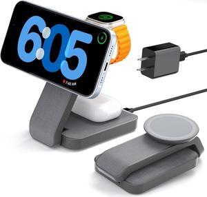 3 in 1 Foldable Wireless Charging Station for MagSafe, Travel Magnetic Charger Stand for iPhone 16 15 14 13 Pro Max, Nightstand Charging Dock with Night Light for Apple Watch/AirPods (Gray)