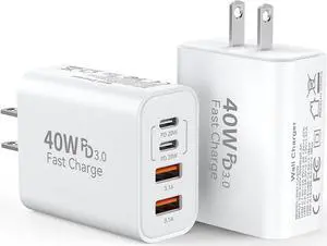 USB C Fast Charger Block,40W 4Port iPhone 17 Type C Charger Fast Charging Block PD Power Adapter+QC 3.0 USB A Wall Charger Plug Type C Brick for iPhone 17/16/15/14/13 Pro Max/iPhone Air, Samsung,2Pack