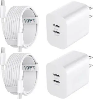 iPhone 16 15 Charger Fast Charging 20W Dual Port USB C Charger Block with 10FT Long USB C Charging Cable Cord for iPhone 16 Pro Max/16 Pro/16/16 Plus 15 Pro Max/15 Pro/15 iPad Pro/Air Android Phone