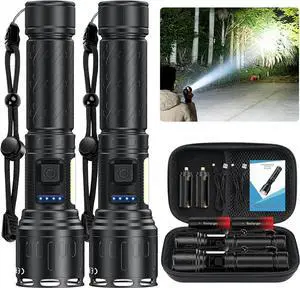 Rechargeable Magnetic Flashlights 100 000 High Lumens Super Bright LED Powerful Flashlight 8 Modes with COB Work Light Waterproof Handheld Flash Light for Camping (2 Pack with Leather Box Black)