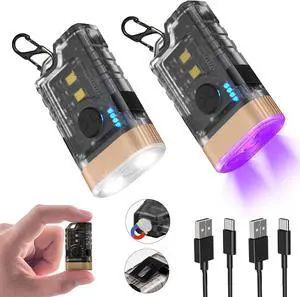 LED Small Powerful EDC Flashlight, 365nm UV Black Light, Mini Led Flashlight 1500 LM, USB C Rechargeable Mini Keychain Flash Light with Clip, Tail Magnet, 9 Modes, Waterproof Pocket Flashlights 2 PC