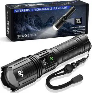 Rechargeable Flashlights 1000000 Lumen LED Flashlight with Digital Power Display and Zoomable Flashlights High Lumen Super Bright Long Distance for Camping bushcraft Outdoor