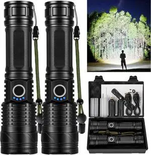 Flashlights High Lumens Rechargeable LED Flashlight 990000 Lumen Super Bright High Powered Flash Light USB Powerful IPX6 Waterproof Handheld Flashlights for Home Hiking Camping(2 Pack)