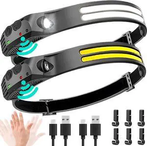 LED Headlamp Rechargeable 2PCS - 230° COB Super Bright Head Lights for Forehead Hard hat Light for Adults USB C Headband Flashlight for Work Hiking Running Camping Essentials Gear