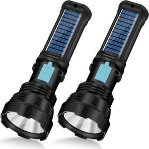 Led Solar Flashlight, 1500 Lumens Led Solar Powered Handheld Rechargeable Flashlights with IP65 Waterproof, 2000mAh Battery for Survival Emergencies Camping (2 Packs)