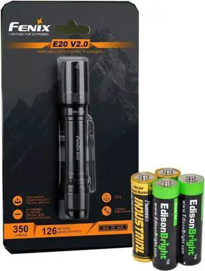Fenix E20 V2 350 Lumen LED Tactical Flashlight with Two EdisonBright AA Alkaline Batteries Fenix E20 V2 350 Lumen LED Tactical Flashlight with Two EdisonBright AA Alkaline Batteries