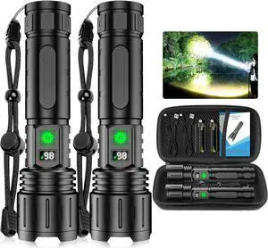 Flashlights High Lumens Rechargeable - 2 k Super Bright Powerful LED Flashlight with 5 Modes Waterproof Handheld Flash Light for Home,Camping,Car, Zoomable,Power Display (2k Black)