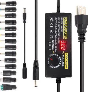 3~24V 6A Adjustable Universal Power Supply Adapter 144W AOYADAISU DC Power Supply with Polarity Converter&14 Tips, 3V 5V 6V 9V 12V 15V 18V 19V 20V 24V 100V-240V AC to DC Converter for LED Strip Light