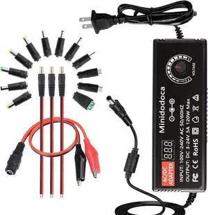 120W Power Supply Adjustable DC 3V ~ 24V Variable Universal Switching AC/DC Adapter Minidodoca AC to DC Converter with LED Voltage Display and 16 Tips, for 3V to 24V Household Electronics - 5000mA Max 120W Power Supply Adjustable DC 3V ~ 24V Variable Universal Switching AC/DC Adapter Minidodoca AC to DC Converter with LED Voltage Display and 16 Tips, for 3V to 24V Household Electronics - 5000mA Max