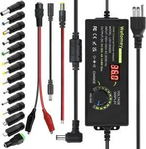 3V~36V 4A 144W Universal Power Supply 3V 5V 6V 9V 12V 15V 18V 20V 24V 30V 36V Adjustable Variable Switching AC/DC Adapter, 100V-240V AC to DC Converter with 14 Tips & Polarity Converter & Test Lead
