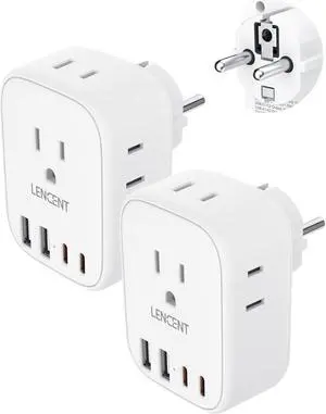 LENCENT 2 Pack Germany France Travel Power Adapter, Schuko Type E/F Power Plug Adaptor with 4 USB Ports(2 Type C), 4 Outlet Converter, US to EU Spain French German Greece Norway Iceland South Korea