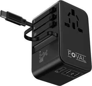 FOVAL European Travel Plug Adapter, Universal Travel Adapter with Retractable USB C Cable, All-in-one International Power Adapter for Europe Italy UK US AUS (35W)