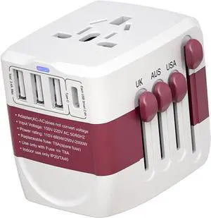 International Travel Adapter,WAUDM All in One Universal USB Travel Power Adapter with 3 USB Port and Type-C Port for US EU UK Australia Red